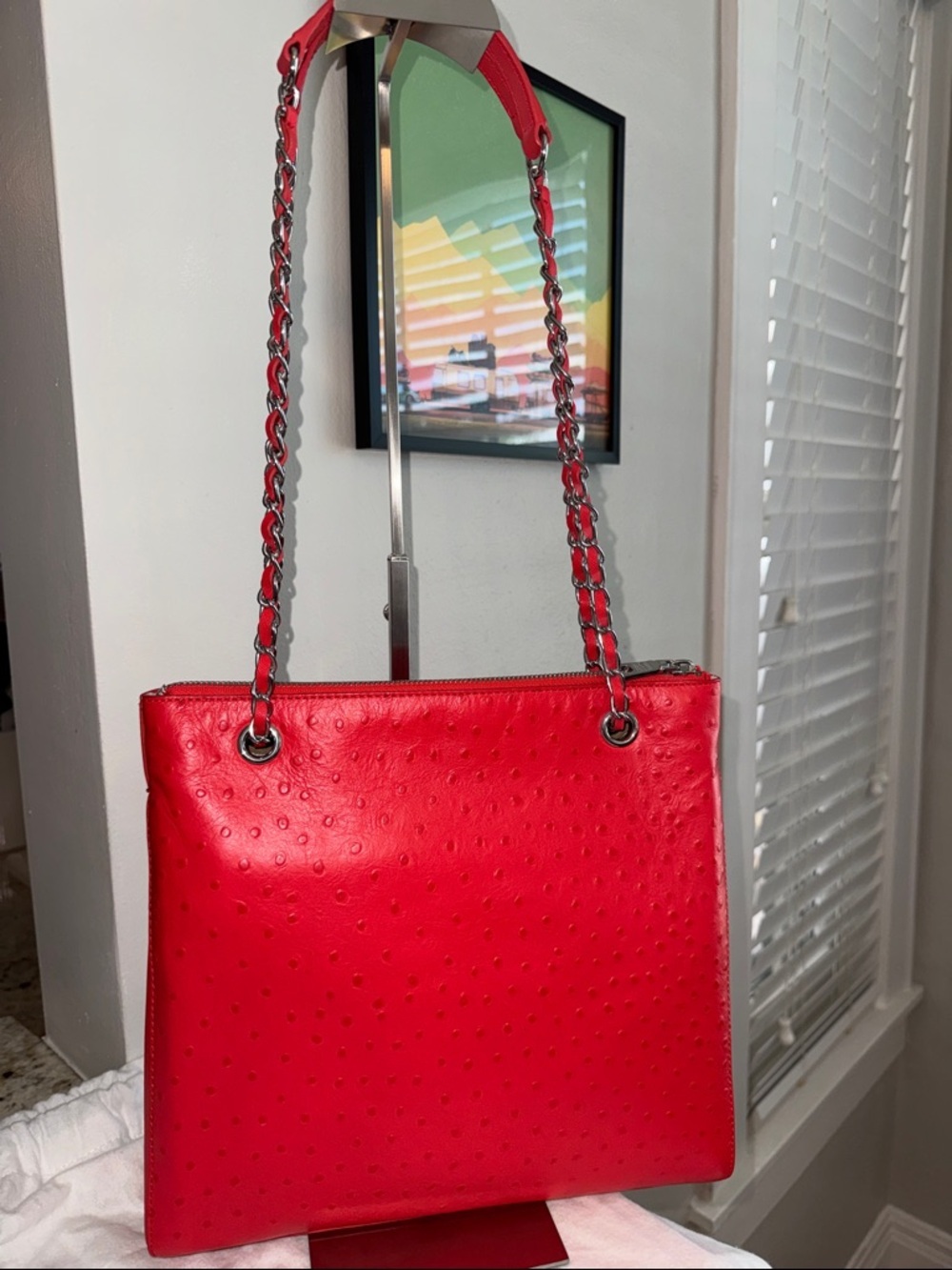 DKNY Red Ostrich Embossed Leather Convertible Shoulder Bag Crossbody - Picture 3 of 8